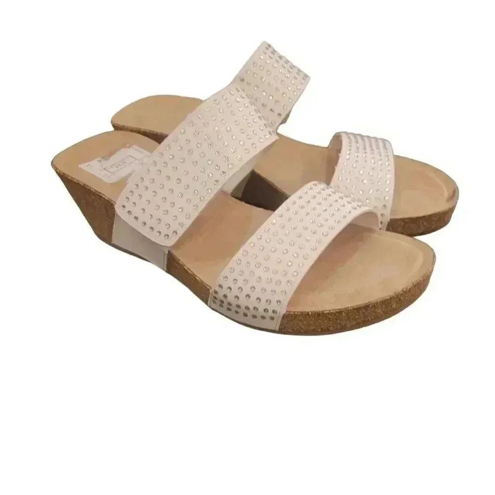 Annie Comfort Women's White Faux Leather w Rhinestones Wedge Slide Sandals NEW